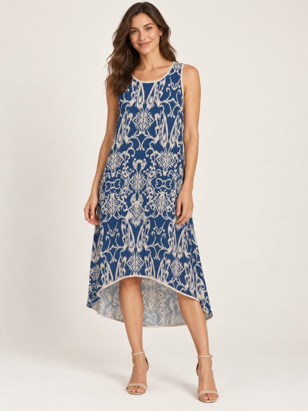 MSK Blue Cream Ikat Print Sleeveless High Low Midi Dress Size Large Stretch